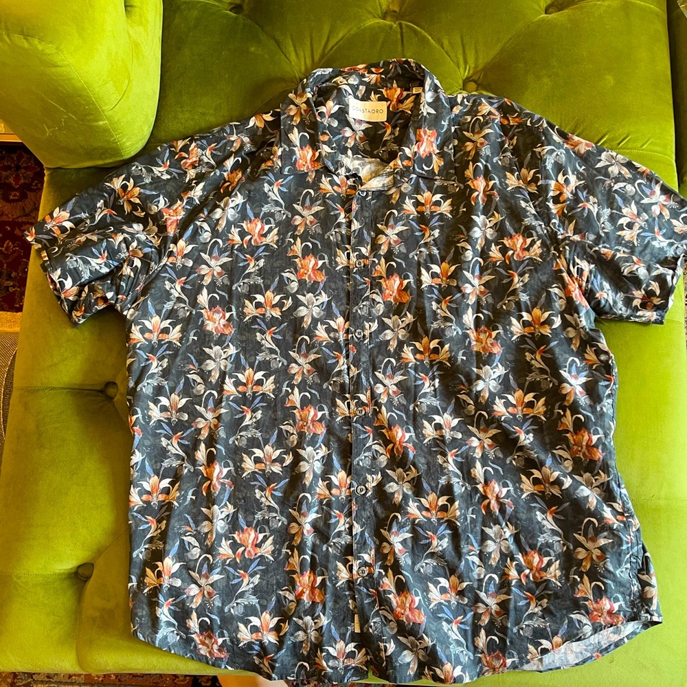 Coastaoro Shirt. XXL, 100% Cotton. Black with Red & White Retro Floral Prints.